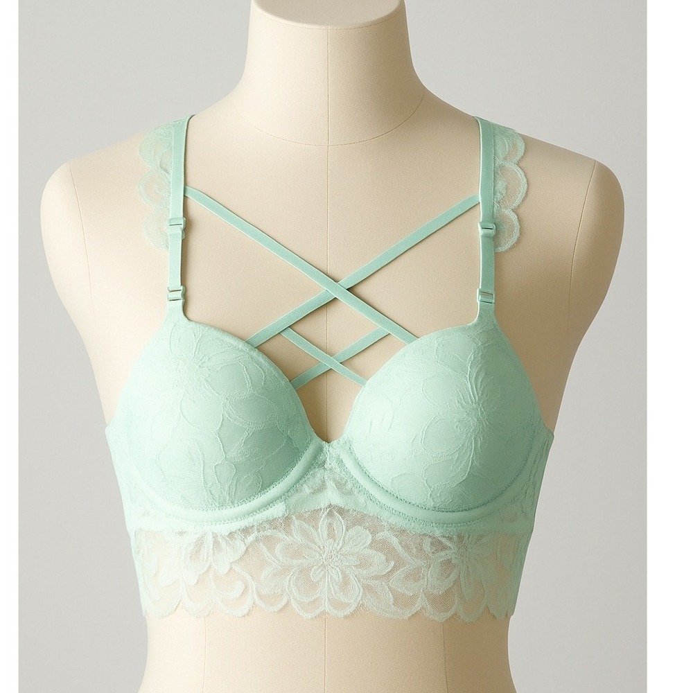 PINK by Victoria's Secret Light‎ Blue Lace Push Up Bra Bralette Size S
